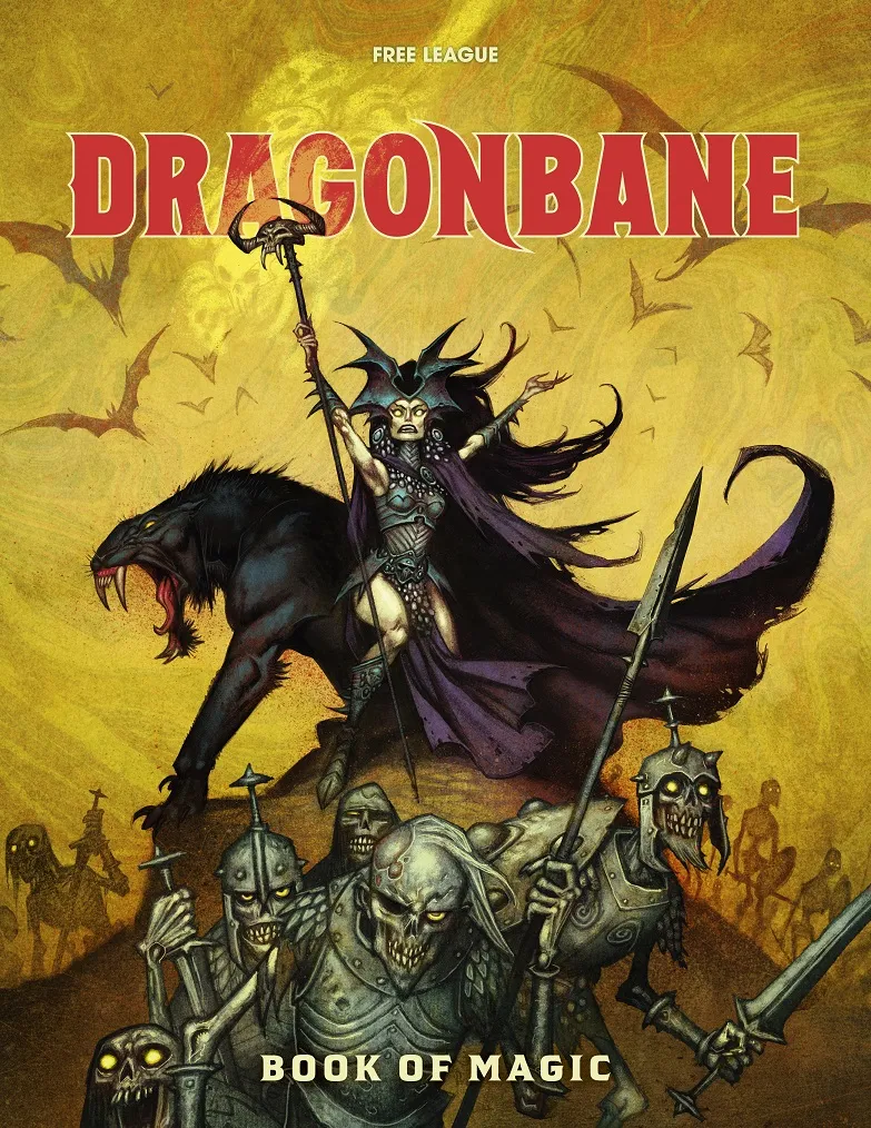 Dragonbane, woman on panther with sword, skeletons, bats