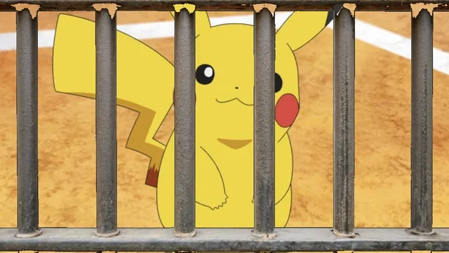 Pikachu behind rusted metal bars, yellow background