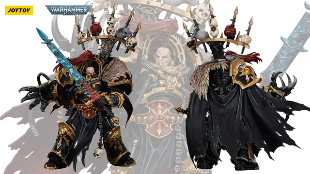 A highly detailed action figure of Abaddon the Despoiler from Warhammer 40,000 is showcased, featuring intricate armor adorned with gold and black accents. He wields a blue sword and is accompanied by the Talon of Horus, with a dramatic cape and a headdress decorated with skulls. The background features a faint image of Abaddon, emphasizing his imposing presence and the chaotic aesthetic of the character.