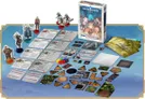 Unopened Sword World starter set box on right with fantasy art. Opened contents include six miniatures of fantasy characters, rulebook pages with text and tables, dice, tokens, and terrain tiles with varied textures.