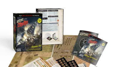 The box contents show the box, maps, tokens, reference sheets, rule and adventure book and a set of dice