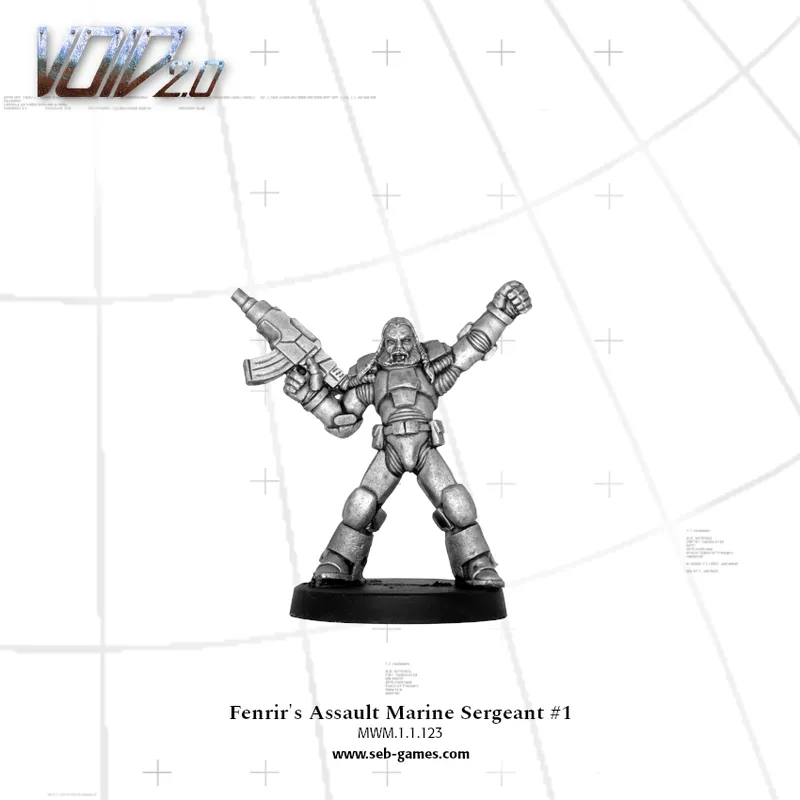 Grey armored marine figure holding a large gun, arms outstretched.