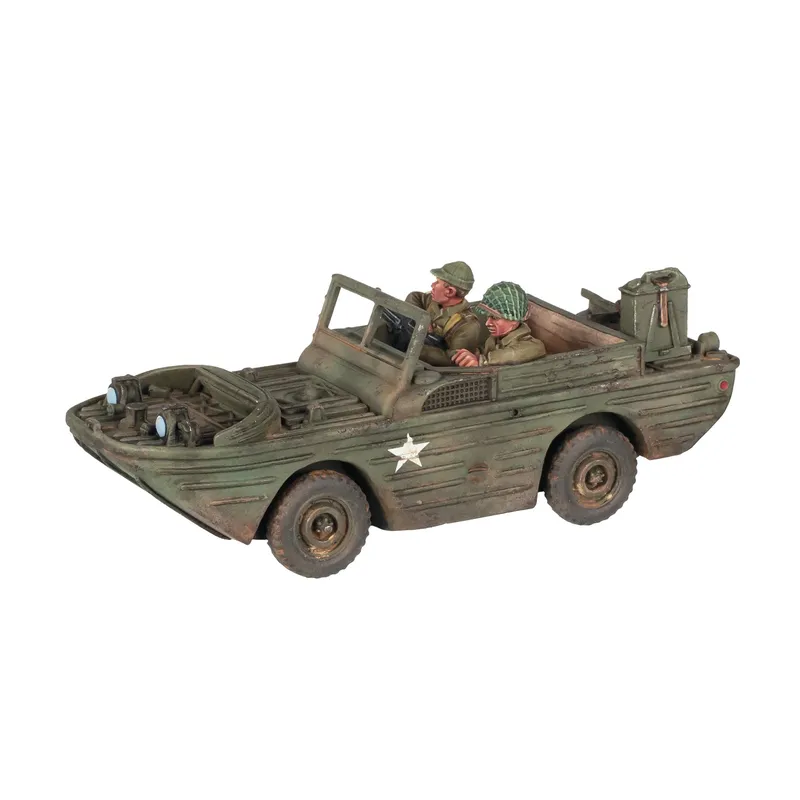 A Ford GPA amphibious jeep in a weathered green finish, featuring two seated figures in military attire, one wearing a helmet and the other a cap. The jeep has a star insignia on the side and includes details like headlights and a storage box at the rear. The overall appearance reflects a realistic, battle-worn aesthetic suitable for WWII tabletop gaming.