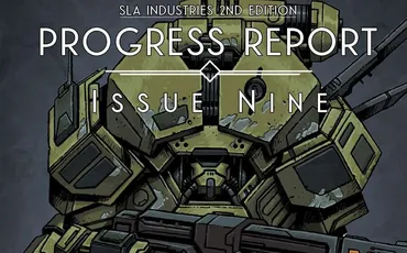 Green armored mech with red accents, holding a large gun labeled "DN". Text above: "PROGRESS REPORT ISSUE NINE".