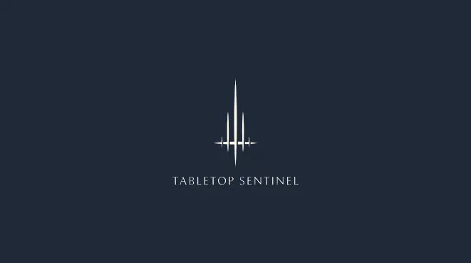 A minimalist logo featuring a dark background with a stylized emblem in the center. The emblem consists of three vertical lines of varying heights, resembling a tower or spikes, with a horizontal line intersecting them near the bottom. Below the emblem, the text "TABLETOP SENTINEL" is displayed in a clean, modern font. The overall color scheme is dark and muted, emphasizing the simplicity and elegance of the design.