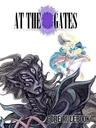 "AT THE GATES" text above a dark figure with multiple eyes and a blue-haired figure holding a book.