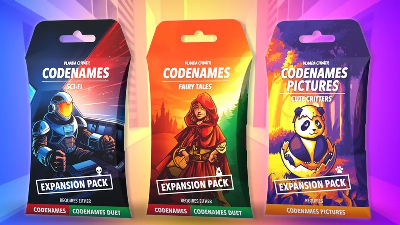 Three expansion packs for the party word game Codenames are displayed: "Sci-Fi," "Fairy Tales," and "Cute Critters." Each pack features vibrant artwork, with the "Sci-Fi" pack showcasing a character in a futuristic setting, the "Fairy Tales" pack depicting a girl in a red cloak against a colorful forest backdrop, and the "Cute Critters" pack featuring a playful panda. Each pack is labeled as an "Expansion Pack" and indicates compatibility with either Codenames or Codenames Duet.