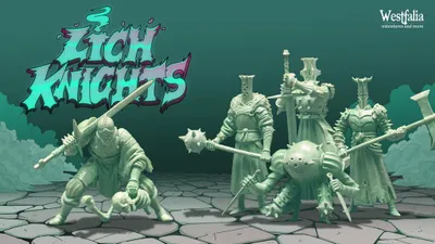 A collection of resin miniatures from Westfalia Publishing's Kickstarter campaign titled "The Lich Knights" is displayed against a dark green background. The figures include imposing knights with distinctive helmets, a halfling squire, and a minion, all intricately designed and posed with various weapons. The title "Lich Knights" is prominently featured in stylized lettering at the top, while the Westfalia logo appears in the top right corner.