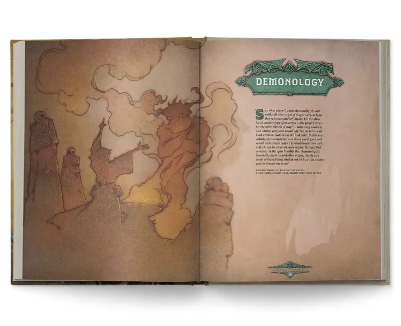 Open book with a map on the left page and the word "DEMONOLOGY" on the right page.