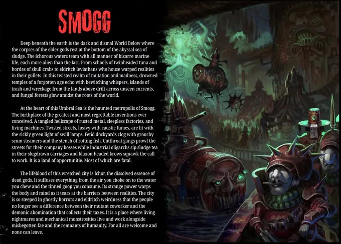 Dark underwater city with glowing green lights, submarine, and armored figures. Text: SMOGG