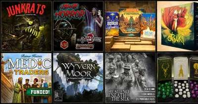 Four tabletop game box covers: Ultimate Horror, Mexico, Wyvern Moor, The Silence Beneath the Silk.