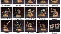A collection of painted miniature figures, each depicting various goblin-like characters in dynamic poses. The figures are displayed in a grid format, showcasing their unique weapons and features, such as staffs, slings, and clubs. The background is dark, highlighting the detailed paintwork and textures of each miniature, with names labeled beneath each figure.