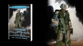 A soldier in futuristic armor kneels, holding a wounded child. Dark smoke and debris fill the background. Visible text on the left reads: "Target Alpha" and "OneQuests Solo Gamebook."