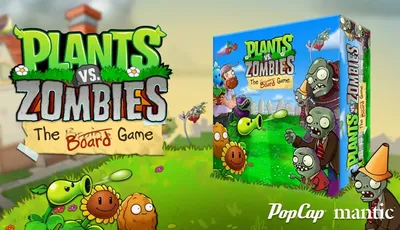 The image features the logo and box art for "Plants vs. Zombies: The Board Game." The logo is prominently displayed in bold green and red letters, with playful plant and zombie illustrations surrounding it. The box art showcases various iconic characters from the franchise, including a Peashooter and a zombie, set against a colorful garden backdrop. The branding includes the names "PopCap" and "Mantic" at the bottom.