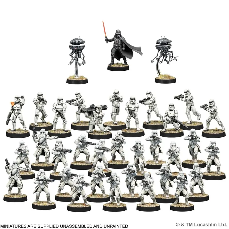 A collection of unassembled and unpainted Star Wars: Legion miniatures is displayed, featuring a variety of figures. Prominently in the center is Darth Vader, wielding a red lightsaber, flanked by two probe droids. Surrounding them are numerous Stormtroopers, each in different poses, equipped with blasters, set on bases with a grassy texture. The overall scene conveys a military theme, suitable for tabletop gaming.