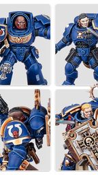 A collection of Ultramarine miniatures showcases various Space Marine figures in blue armor, each featuring distinct details and accessories. The top row includes a character with a prominent helmet and ornate chest emblem, alongside two other figures with different poses and weaponry. The bottom row features a close-up of a figure holding a weapon, another with a skull motif on the armor, and a character wielding a large, intricately designed shield. Additionally, a transfer sheet with various decals is visible, featuring Ultramarine symbols and decorative borders.