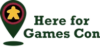 A logo for Herefordshire Board Gamers features a stylized game piece in yellow, resembling a meeple, set against a black circular background. This circle is bordered by a red ring, all contained within a green location pin shape. The text "Here For Games" is displayed to the right in a bold, dark green font.