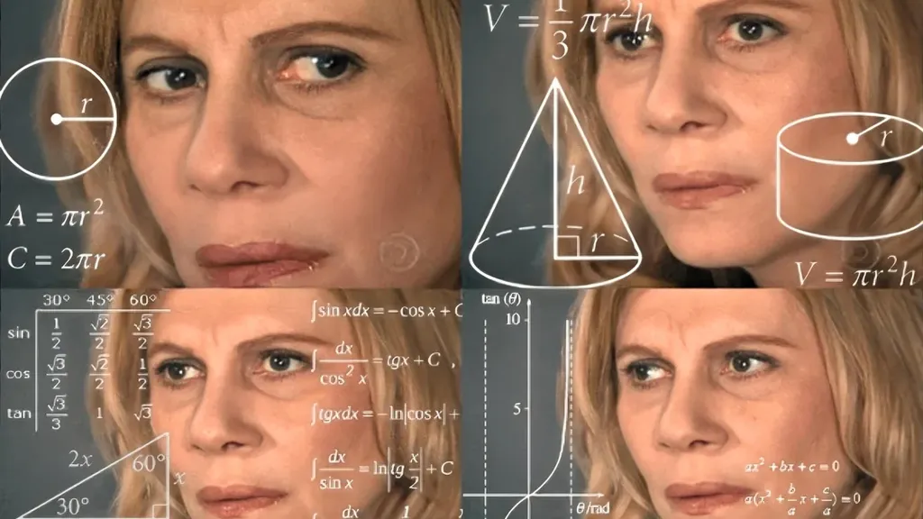 A woman’s face split into four sections with mathematical equations overlaid: Top left: formula for volume of a cone (V = 1/3 πr²h). Top right: cone diagram with height (h) and radius (r). Bottom left: integral solutions (sin x, tan x, arctan x).