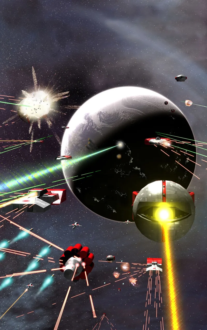 A dynamic space battle scene features various spacecraft engaged in combat against a backdrop of a large planet and distant stars. Bright laser beams and explosions illuminate the dark expanse, with several ships, including a spherical craft emitting a powerful beam, prominently displayed. The overall atmosphere conveys a sense of action and adventure typical of science fiction settings.