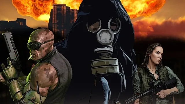 Three characters stand in a post-apocalyptic setting with large explosions and smoke billowing in the background.

On the left, a muscular person with a cybernetic left arm and left eye wears a gas mask hanging around their neck. They are crouched, holding a large firearm with a scope and a grenade launcher attached.

In the center, a tall figure in a tattered cloak with a gas mask covering their face stands upright. The mask has a skull-like design with glowing white eyes.

On the right, a woman with long dark hair sits on the ground, holding a rifle across her lap. She wears a green jacket and a belt with pouches.

In the foreground, a small tracked robot with a skull symbol on its front panel displays a screen with three blue bars. The robot has various mechanical components and attachments.