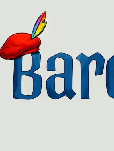 The logo for "Bardscon" features the word "Bardscon" in bold, colorful letters. The letter "B" is adorned with a red bard's hat topped with a vibrant feather, while the letter "d" is accompanied by a yellow twenty-sided die, emphasizing the tabletop gaming theme. The overall design is playful and inviting, reflecting the event's focus on tabletop gaming and community.