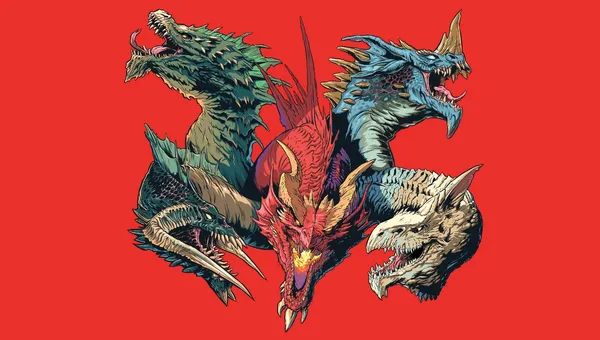 Four stylized dragons face off against each other in mid-air against a solid red background. The dragons vary in color: one is green with sharp, jagged frills along its neck and back; one is blue with a ridged spine and curved horns; one is red with a muscular, almost demonic appearance and glowing yellow-orange eyes; and one is beige with a bony, skeletal structure and pronounced teeth. Their mouths are open, revealing sharp fangs, and their wings are spread wide. No text or other objects are visible.