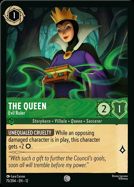 A trading card from Disney Lorcana features "The Queen," depicted as an elegant villain with a crown and dark attire, holding a mysterious box. The background includes swirling green mist and dark trees, enhancing the character's menacing presence. The card displays her attributes, including a power of 2 and a health of 1, along with the ability "Unequaled Cruelty," which boosts her strength against damaged opponents.