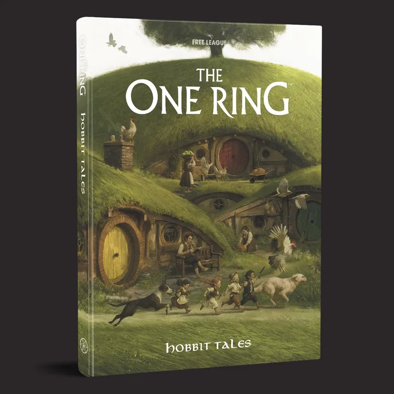 A book cover for "Hobbit Tales" from The One Ring roleplaying game features a whimsical illustration of Hobbiton, showcasing several Hobbit holes with thatched roofs nestled in lush green hills. In the foreground, a group of Hobbits, including children, are joyfully running, accompanied by a dog and various farm animals like chickens. The title "HOBBIT TALES" is prominently displayed at the bottom, with the logo for The One Ring above it, all set against a dark background.