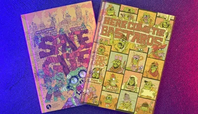 Two hardcover books are displayed against a gradient background of purple and blue. On the left, the book titled "Space Gits" features a colorful, chaotic illustration of space orcs amidst a whimsical landscape, with bold, stylized text. On the right, "Here Come The Bastards" showcases a vibrant cover filled with various orc characters in a comic strip style, prominently featuring the title in large, eye-catching letters. Both books reflect the playful and irreverent theme of the game.