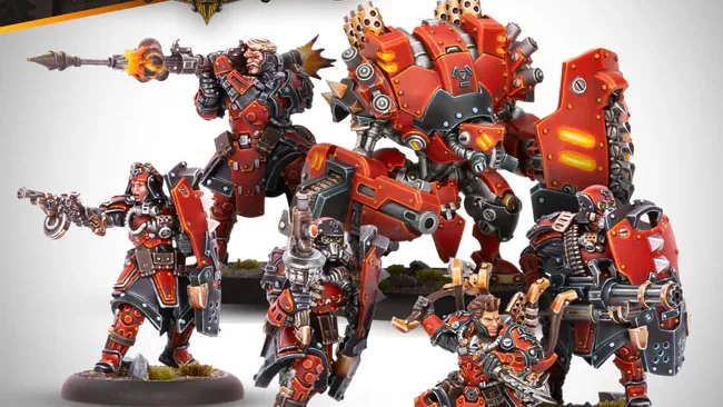 A Khador warband from Warmachine features five miniatures prominently displayed. The unit includes the Warcaster Kapitan Zahara Vilkul, a large character warjack named Razor, and three character solos, including Sergeant Goran Lazarenko and the Hounds. The miniatures are painted in a striking red and black color scheme, showcasing intricate details and weaponry, with Razor towering over the others, emphasizing the unit's vanguard role.