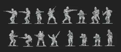 A collection of 28mm scale miniatures representing American soldiers from World War II is displayed, featuring various poses and stances. The figures include Airborne paratroopers, Rangers, and other military personnel, all intricately detailed and rendered in a metallic finish. The arrangement showcases multiple soldiers aiming weapons, gesturing, and preparing for action, highlighting the diversity of the U.S. armed forces during the 1944 campaign to liberate France.