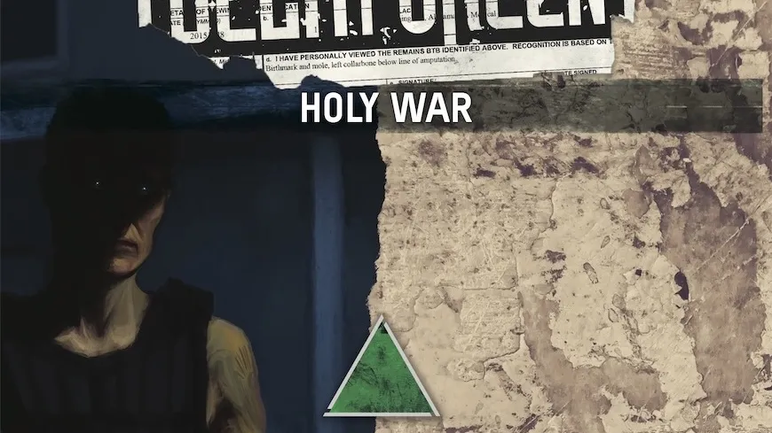A person in dark clothing holding a firearm, with a blurred face. The background features a textured, worn wall with a green triangular symbol. Above the person, the text "HOLY WAR" is visible. At the top of the image, partially obscured text includes "DELTA GREEN".