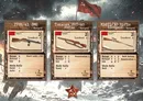 Three weapon cards from a tabletop wargame: PPSh-41 SMG, Tokarev SVT-40 Rifle, and M1891/30 Rifle (Scoped). Each card shows the weapon name, type, loadout cost, year introduced, range, reload, hit values, penetration, mode rolls, and ammo type. A red flag with a yellow hammer and sickle emblem and a red star with a hammer and sickle are visible in the background.