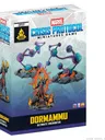 A box for the "Marvel: Crisis Protocol - Dormammu Ultimate Encounter" set features a striking illustration of Dormammu, depicted with fiery elements and a menacing stance, surrounded by swirling dimensional rifts. The packaging includes vibrant colors, with a dark background contrasting against the bright flames and mystical rifts. The title "DORMAMMU ULTIMATE ENCOUNTER" is prominently displayed at the bottom, indicating the contents of the set.