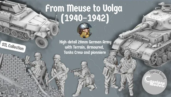 A collection of detailed 28mm German army miniatures and vehicles is showcased, featuring a half-tracked armoured personnel carrier alongside various soldiers in dynamic poses, equipped with weapons like the MG34 and Mauser K98. The background includes a textured wall of bricks, enhancing the historical context. The text highlights the campaign title "From Meuse to Volga (1940-1942)" and mentions the STL collection for 3D printing.