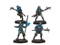 Four miniatures are displayed, each depicting armored soldiers in blue and gold attire. They wield various weapons, including a spear and a spiked mace, and are posed dynamically on textured bases. The figures showcase intricate details, such as helmets and clothing, emphasizing their role as experienced soldiers in a fantasy setting.