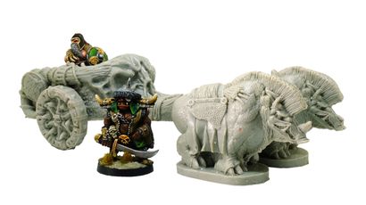 A Razorback Chariot is prominently displayed, featuring a detailed chariot design pulled by two Razorbacks. The chariot is crewed by a charioteer, who is depicted in a dynamic pose, alongside a warrior figure. The overall color scheme is a mix of muted tones, emphasizing the chariot's rugged and battle-ready appearance.