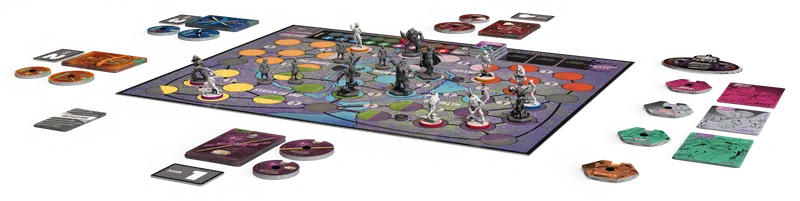 A colorful game board features a variety of circular spaces in different colors, indicating movement and action zones. Several detailed miniatures are positioned on the board, representing characters from the Unmatched game series, including iconic fighters and their sidekicks. In the background, game tokens and cards are visible, enhancing the strategic elements of gameplay.