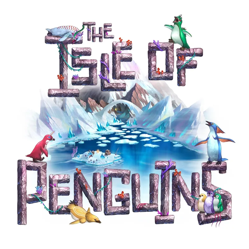 The text "THE ISLE OF PENGUINS" is prominently displayed in large, stone-like letters. Various colorful penguins and other animals are perched on and around the letters. In the background, there is an icy landscape with snow, ice, and a cave. Some penguins are standing on ice floes in a body of water. The scene includes small details like vines and flowers.