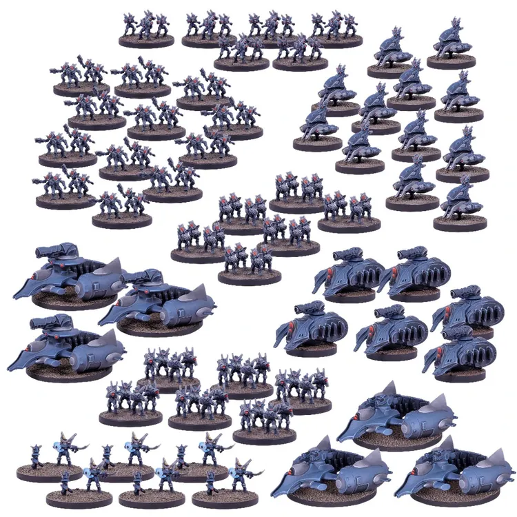A collection of 440 plastic miniatures from the Epic Warpath Battle for Phrovox starter set, featuring two distinct armies: the Earth’s Enforcers and the Plague. The miniatures include various infantry units, vehicles, and command figures, all designed in a sci-fi aesthetic with a predominantly dark color scheme. The arrangement showcases multiple squads of soldiers alongside sleek, futuristic vehicles, emphasizing the scale and detail of the 10mm wargaming experience.
