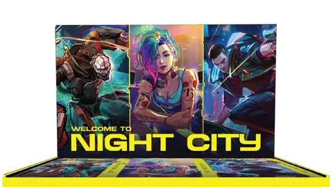 A brightly colored display box for the Cyberpunk Trading Card Game features a vibrant design with the text "WELCOME TO NIGHT CITY" prominently displayed at the top. The back of the box showcases three characters: a cybernetic figure, a woman with colorful hair and tattoos, and a man in a futuristic outfit, all set against a neon-lit backdrop. The bottom of the box is yellow with the title "Cyberpunk TCG" and the logo of CD Projekt Red, emphasizing the game's connection to the Cyberpunk universe.