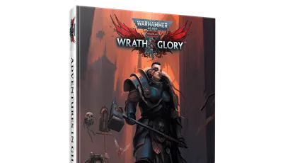 A physical book titled "Adventures in Gilead" for Warhammer 40,000 Roleplay: Wrath & Glory is prominently displayed, featuring a striking cover illustration. The cover depicts a heavily armored character wielding a large hammer, standing in a dark, ominous environment filled with shadowy figures and gothic architecture. The title and logo are clearly visible at the top, with the subtitle "Adventures in Gilead" featured prominently at the bottom.