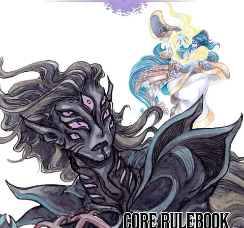 "AT THE GATES" text above a dark figure with multiple eyes and a blue-haired figure holding a book.