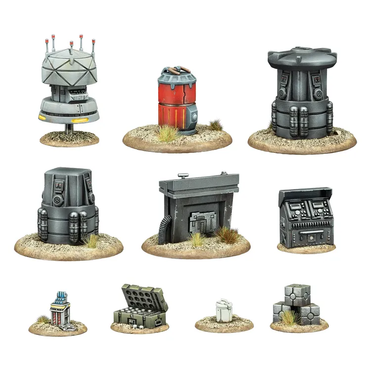 A collection of miniature terrain pieces for Star Wars Legion is displayed, featuring various sci-fi structures and objects. The set includes a tall communication tower, a red barrel, and several industrial-looking containers and consoles, all set on sandy bases with tufts of grass. The pieces vary in size and design, showcasing a mix of futuristic technology and rugged utility, perfect for enhancing tabletop gaming environments.