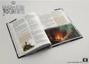 An open book titled "Uncharted Journeys" displays various sections of text and illustrations. One page features a detailed image of adventurers gathered around a campfire, with a backdrop of dark, mysterious woods. The opposite page contains text discussing journey rules and exploration, alongside smaller illustrations, including a creature peeking from behind foliage.