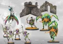 Miniature figures, stone ruins, and a flying insect-like rider.