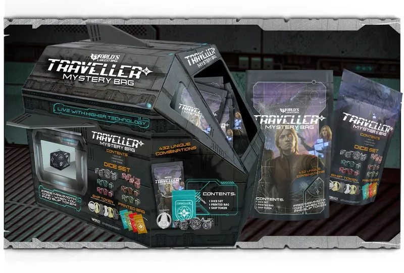 A sleek, angular box labeled "Traveller Mystery Bag" is prominently displayed, showcasing its contents, which include a dice set, a printed bag, and a ship token. Surrounding the box are several packages featuring vibrant artwork, including characters and sci-fi elements, emphasizing the theme of exploration and adventure. The background hints at a futuristic setting, with control panels and screens, enhancing the sci-fi atmosphere of the scene.
