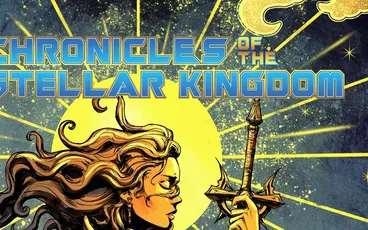 "Chronicles of the Stellar Kingdom" title, woman with long hair, sword, and cosmic background.