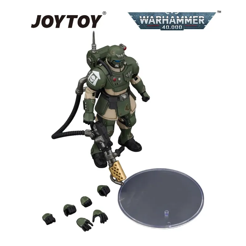 Green armored Warhammer 40,000 action figure with hose, gun, and extra parts.