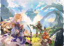 A woman with flowing blonde hair and a purple-and-white fantasy outfit holds a bow, aiming upward. Beside her, a man in green armor and a rabbit-like creature stand on a grassy field. A floating island with a castle sits in the sky, bathed in golden light.